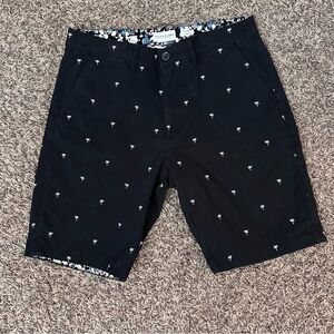 Denim & Flower Black Palm-Embroidered Flat Front Shorts